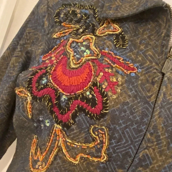 Chico’s Mottled Stretch Denim Jacket Sequin Floral - Picture 7 of 12